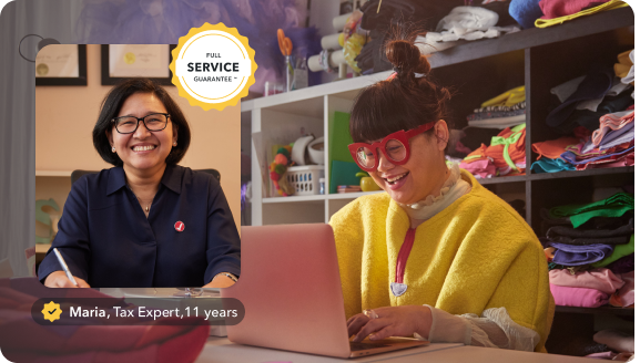 Maria, a tax expert with 11 years of experience next to a stylish fashion designer on a laptop in her work space. Third image is of the TurboTax Full Service guarantee badge.