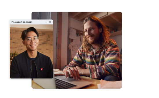 Un client de TurboImpôt travaillant sur son portable. L’image secondaire est de Fil, un expert de TurboImpôt.