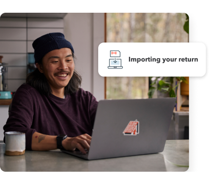 A young man smiling while working on his laptop in his home setting. Secondary illustration with “Importing your info” text and laptop icon.