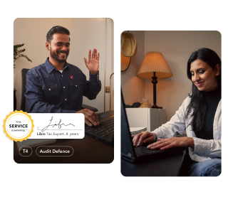 Libin is working on his laptop and taking a video call in his home office. Second image is of a female customer working at his office on a laptop.
