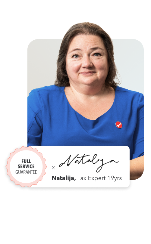 Tax Expert of 19 years Natalija in a blue shirt with her signature and the TurboTax Full Service Guarantee seal.