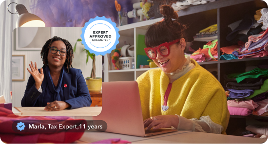 The main image is of a stylish designer working on her laptop in her design studio. The secondary image is of a tax expert, Marla, waving and smiling.