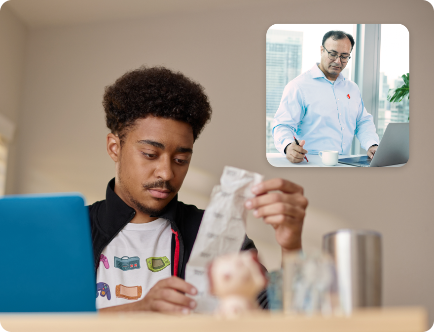 Young black man is looking at receipts with a tax expert super imposed doing work -MOBILE-.png