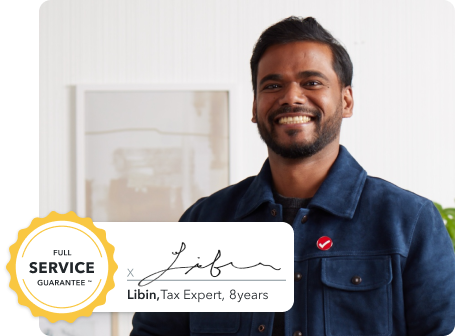Libin, a tax expert of 8 years. Secondary illustration is of a TurboTax Full Service guarantee badge next to Libin’s name.