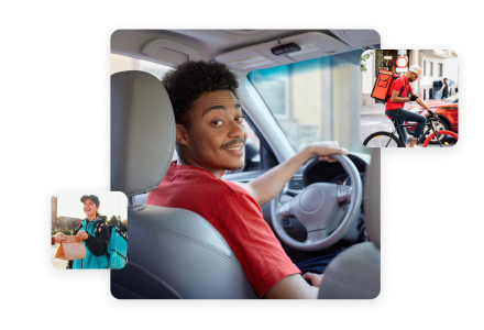 The main image is of a smiling young man inside his car. Second image is of a young male courrier on his bike with a food-storing backpack. Third image is of a female food carrier smiling and passing a meal order to a customer.