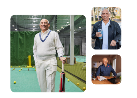 Three images of Dhiren while playing cricket, working at home, and in a park, smiling warmly.