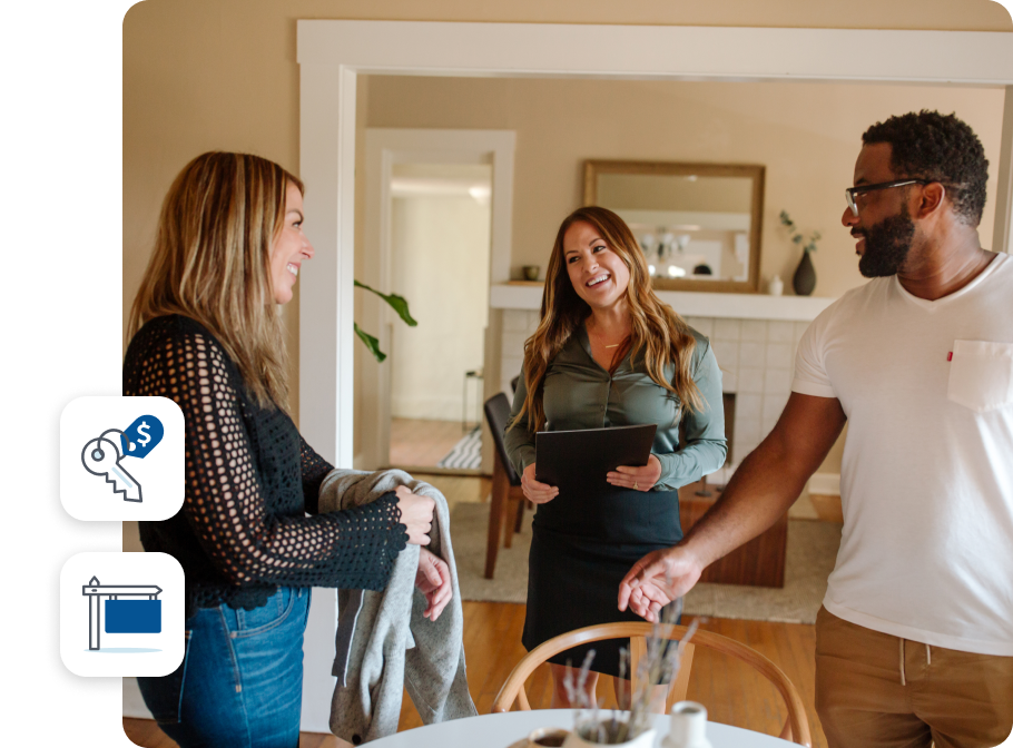 Three people are having a conversation inside of a rental property.