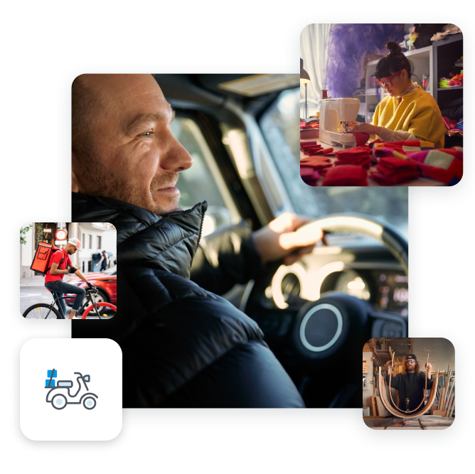 Image principale d’un homme souriant avec une veste bouffante au volant de sa voiture. Images secondaires : un jeune homme à vélo avec un sac à dos pour la livraison de nourriture, une designer à sa machine à coudre dans son studio, un homme qui travaille avec des panneaux de bois dans son studio.