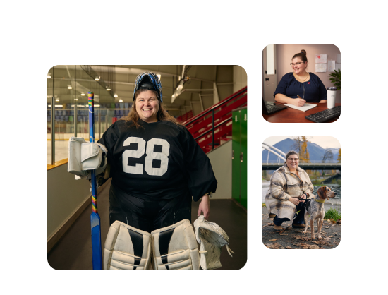Three images of Taren in her hockey gear, working on a laptop at home, and outdoors with her dog, smiling warmly.