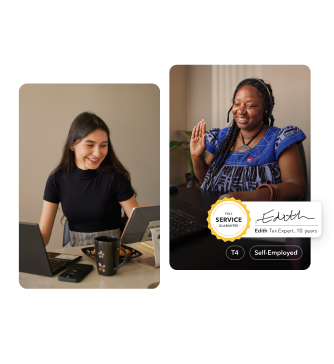 Edith is working on her laptop and taking a video call in her home office. Second image is of a young female customer working at her office on a laptop.