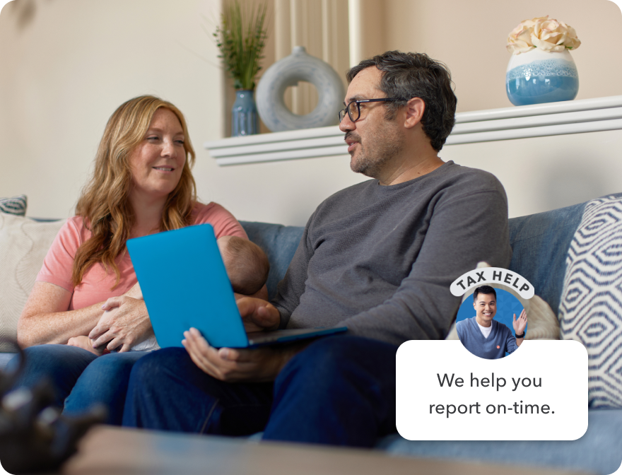 New parents with a baby sitting on a couch, with an expert saying _we help you report on-time_ -MOBILE-.png