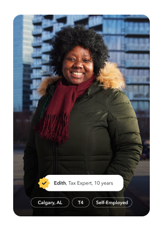 Edith, a tax expert of 10 years, is smiling warmly on the streets of Calgary.