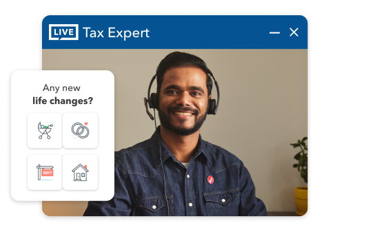 TurboTax expert, Libin, wearing a headset and smiling warmly. UI image with text “How was your year” and icons of baby stroller, wedding bands, home sale sign, and house.