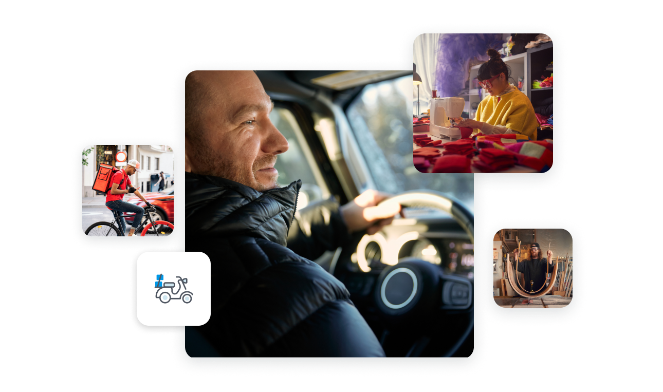 Main image of a smiling man in a puffer jacket in the driver’s seat of his car. Secondary images of: a young man on a bike with a food courier backpack, a female designer behind her sewing machine in her studio, a man working with wood panels in his studio.