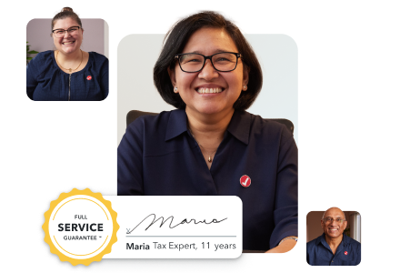 Maria, a TurboTax expert with 11 years of experience smiling warmly next to a TurboTax Full Service guarantee badge. Second and third images of Dhiren and Taren, TurboTax experts.