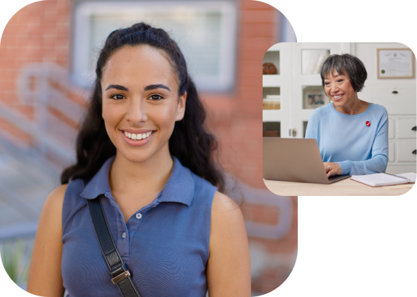 A young woman smiling. Secondary image of a TurboTax expert working on her laptop.