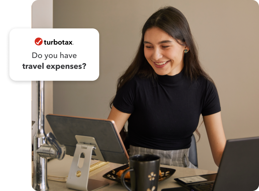 A young woman working on her tablet in her home. Secondary image of a TurboTax logo and “Do you have travel expenses?” text.