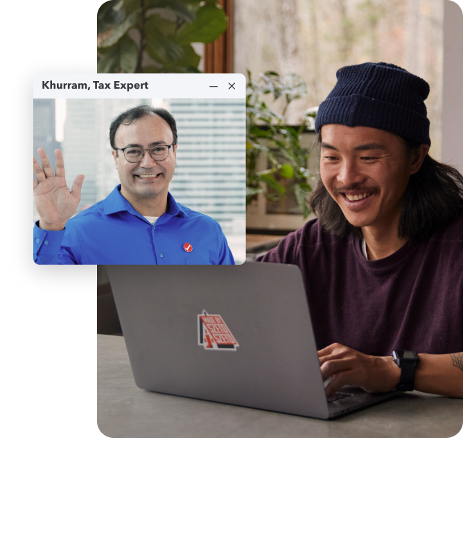 The main image is of a young man working on their laptop in their home. The secondary image is of a TurboTax tax expert, waving and smiling.
