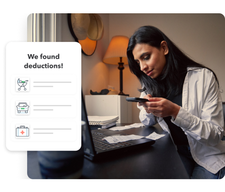 A young woman taking a photo of receipts in her home setting. Secondary illustration with “We found deductions” text and baby stroller, car, and medical briefcase icons.