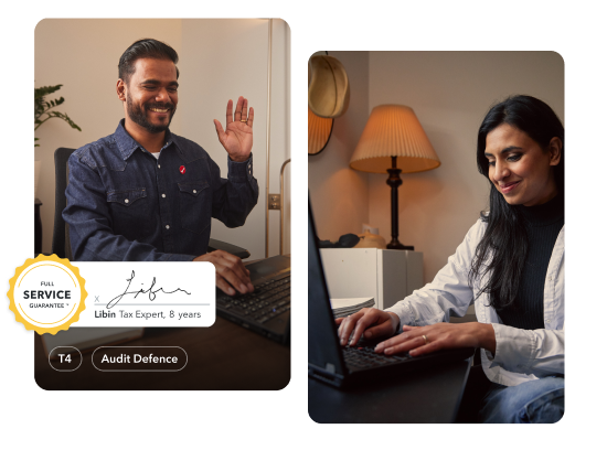 Libin is working on his laptop and taking a video call in his home office. Second image is of a female customer working at his office on a laptop.