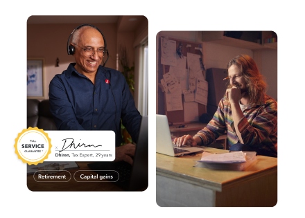 Dhiren is working on his laptop and taking a video call in his home office. Second image is of a male customer working on a laptop at his office.