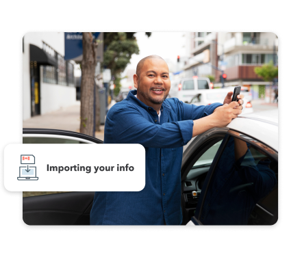 A man is holding his smartphone and smiling while leaning on his car, which is parked on the street. Secondary illustration reads “Importing your info”.