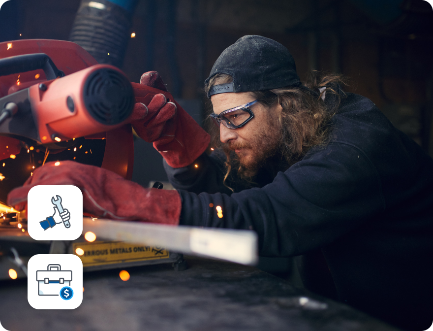 A man working in his woodworking shop cutting a piece of wood. Secondary icons of a wrench and a briefcase.