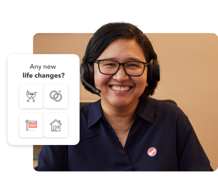 TurboTax expert, Maria, smiling warmly while wearing a headset. Secondary image of baby stroller, wedding bands, home sale sign, and home icons and the text “Any new
life changes?”