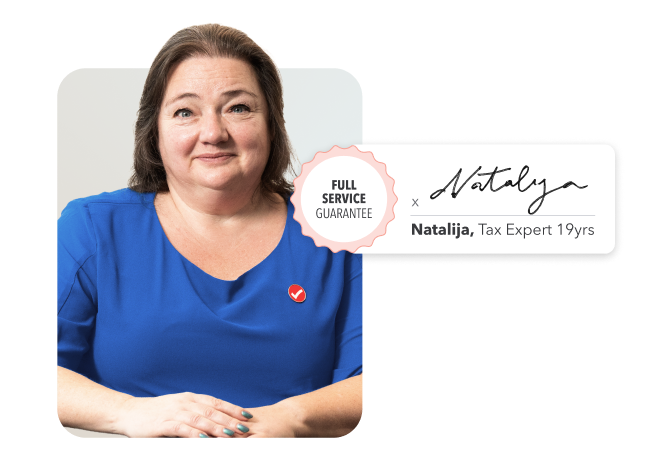 Tax Expert of 19 years Natalija in a blue shirt with her signature and the TurboTax Full Service Guarantee seal.