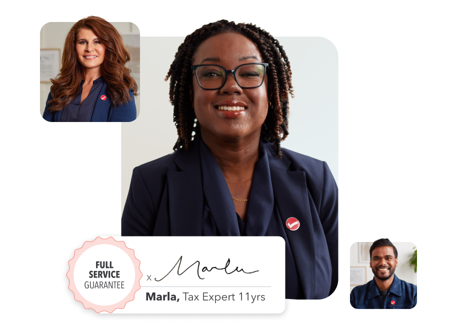 Three TurboTax tax experts. The main image is of Marla, a tax expert with 11 years of experience, along with a Full Service guarantee badge.