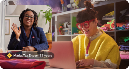 Maria, a tax expert with 11 years of experience next to a stylish fashion designer on a laptop in her work space. Third image is of the TurboTax Full Service guarantee badge.