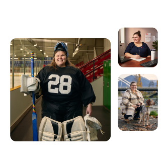 Three images of Taren in her hockey gear, working on a laptop at home, and outdoors with her dog, smiling warmly.