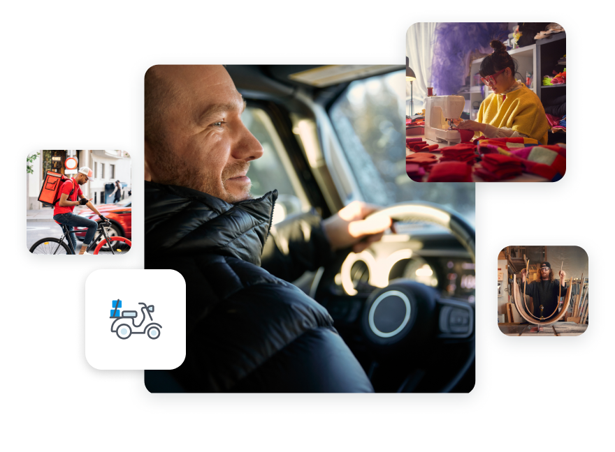 Main image of a smiling man in a puffer jacket in the driver’s seat of his car. Secondary images of: a young man on a bike with a food courier backpack, a female designer behind her sewing machine in her studio, a man working with wood panels in his studio.