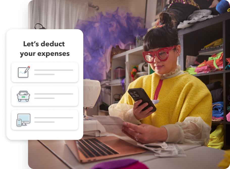 A female designer taking photos of her receipts in her design studio. Secondary image of “Let’s deduct
your expenses” text and pencil, car, and laptop icons.