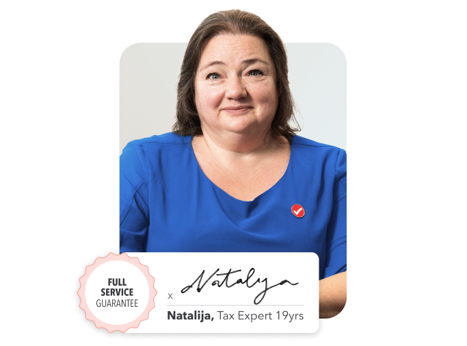 Tax Expert of 19 years Natalija in a blue shirt with her signature and the TurboTax Full Service Guarantee seal.