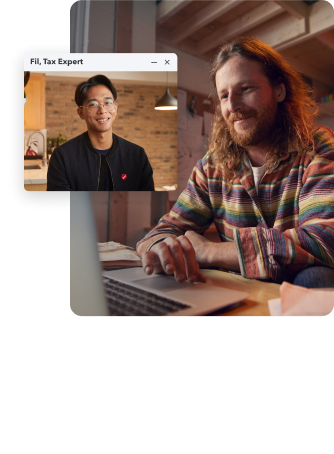 A TurboTax customer working on a laptop in his work space. Secondary image is of Fil, a TurboTax expert.