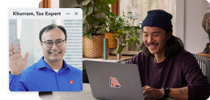 The main image is of a young man working on their laptop in their home. The secondary image is of a TurboTax tax expert, waving and smiling.