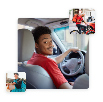 The main image is of a smiling young man inside his car. Second image is of a young male courrier on his bike with a food-storing backpack. Third image is of a female food carrier smiling and passing a meal order to a customer.