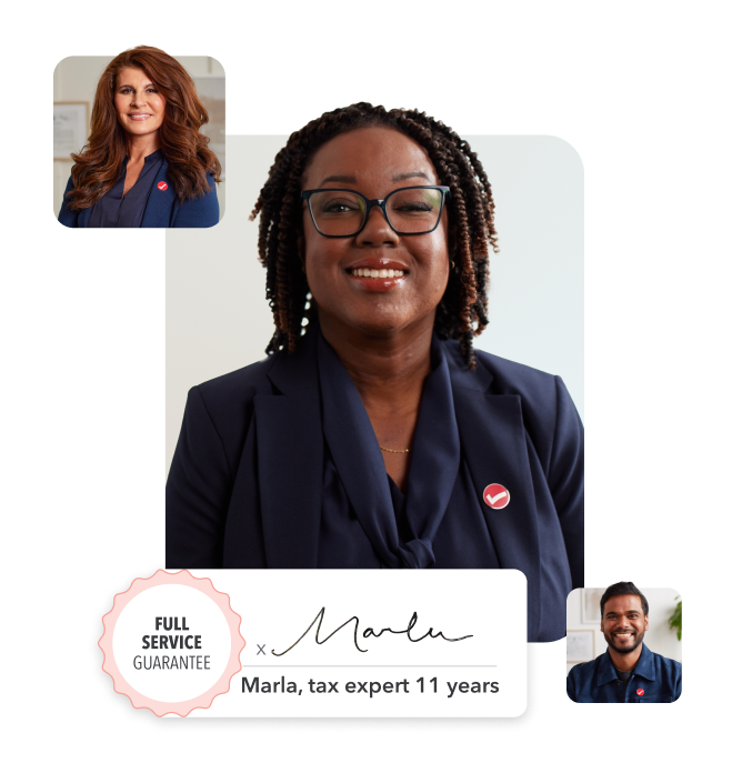 Three TurboTax tax experts. The main image is of Marla, a tax expert with 11 years of experience, along with a Full Service guarantee badge.