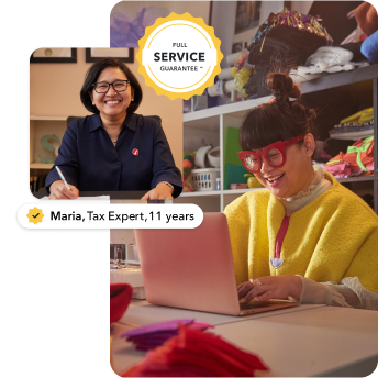 Maria, a tax expert with 11 years of experience next to a stylish fashion designer on a laptop in her work space. Third image is of the TurboTax Full Service guarantee badge.