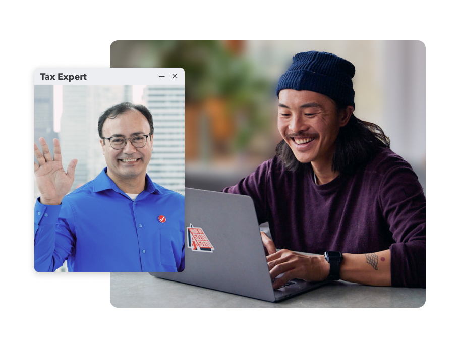 A young man working on his laptop in his home. Secondary image of a TurboTax expert working.