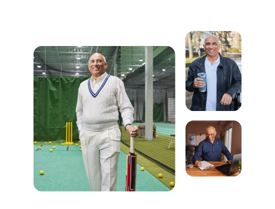 Three images of Dhiren while playing cricket, working at home, and in a park, smiling warmly.