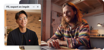 Un client de TurboImpôt travaillant sur son portable. L’image secondaire est de Fil, un expert de TurboImpôt.