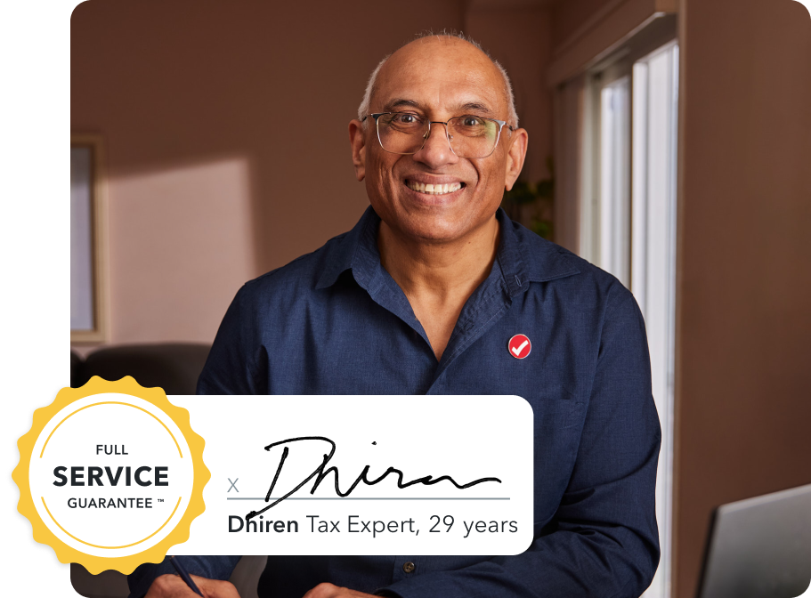 Dhiren, a TurboTax expert with 29 years of experience. Secondary image of a Full Service guarantee badge.