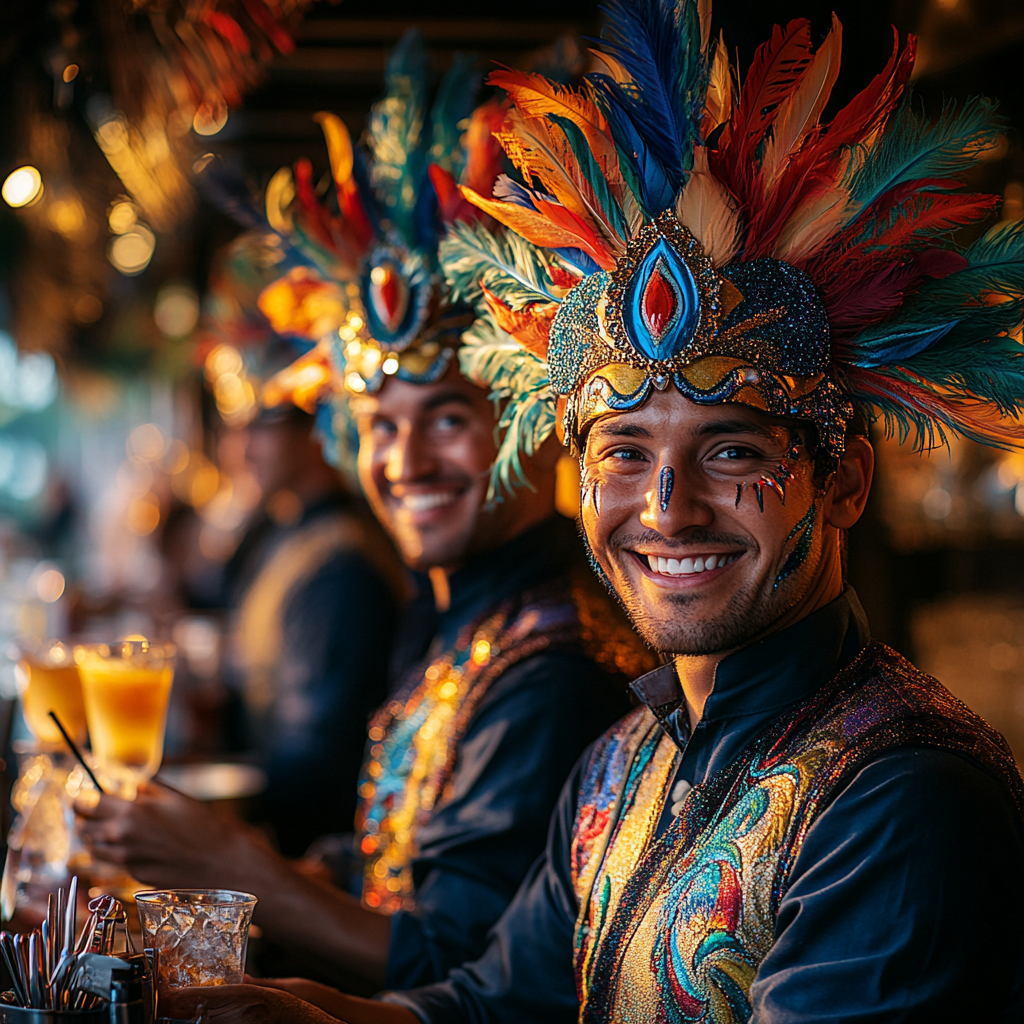 Bartenders disfrazados de carnaval sirviendo cócteles