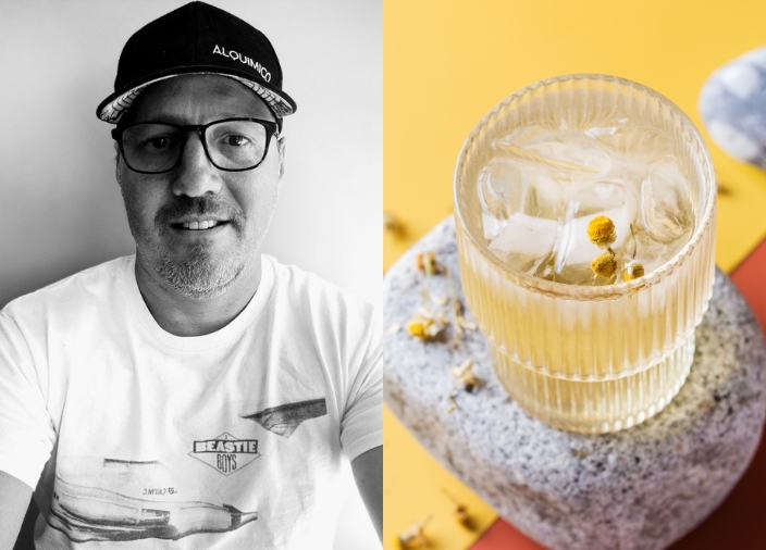 An image split in two, with black and white photo of a man wearing a black cap on the left-hand side, and a clear cocktail with a daisy garnish on the right-hand side.