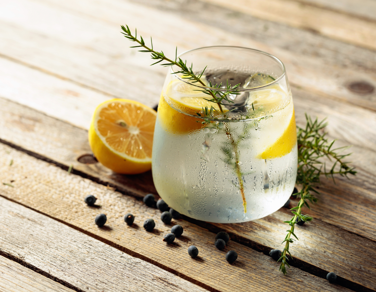 Copa de ginebra con limones y romero
