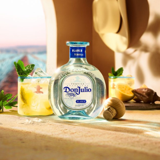 Garrafa de tequila Don Julio Reposado em frente a uma bandeja com dois coquetéis de laranja