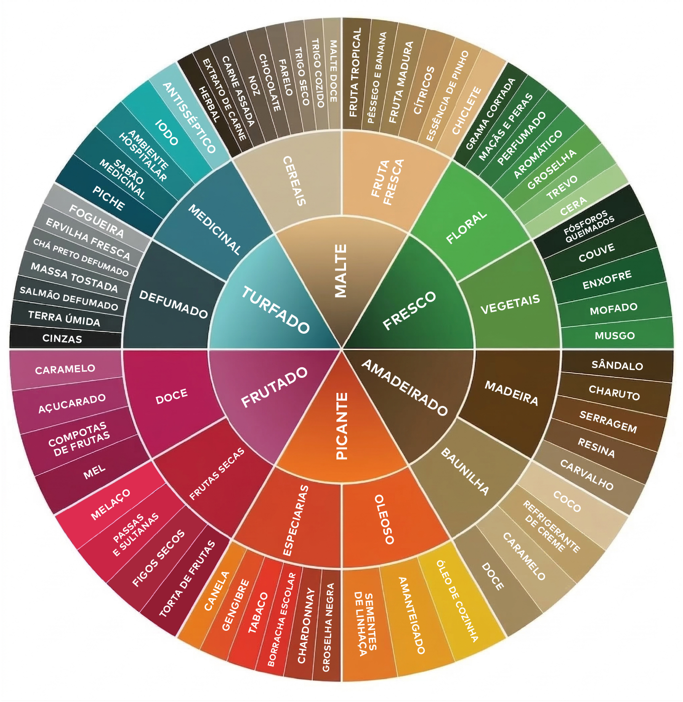 Infográfico circular de roda de aromas e sabores. Apresenta anéis concêntricos coloridos partindo de categorias gerais no centro (Turfado, Frutado, Amadeirado, etc.) até chegar a notas específicas na borda (mel, baunilha, floral, defumado).