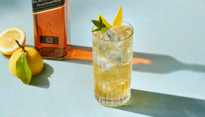 A cocktail with lemon garnish 